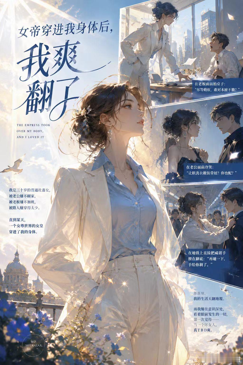 这本《女帝穿进我身体后，我爽翻了》看起来好爽啊！
 社畜|女帝附体|婚姻困境|女性觉醒
三十岁社畜张薇，被困在窒息的婚姻与压榨人的职场中，整日委屈隐忍。直到来自女尊世界的女帝凤栖梧闯入她的身体。女帝杀伐果决，替她硬刚自私丈夫，反击霸道上司，直面地铁里的骚扰。在两个意识的共处之中，一向退 ​