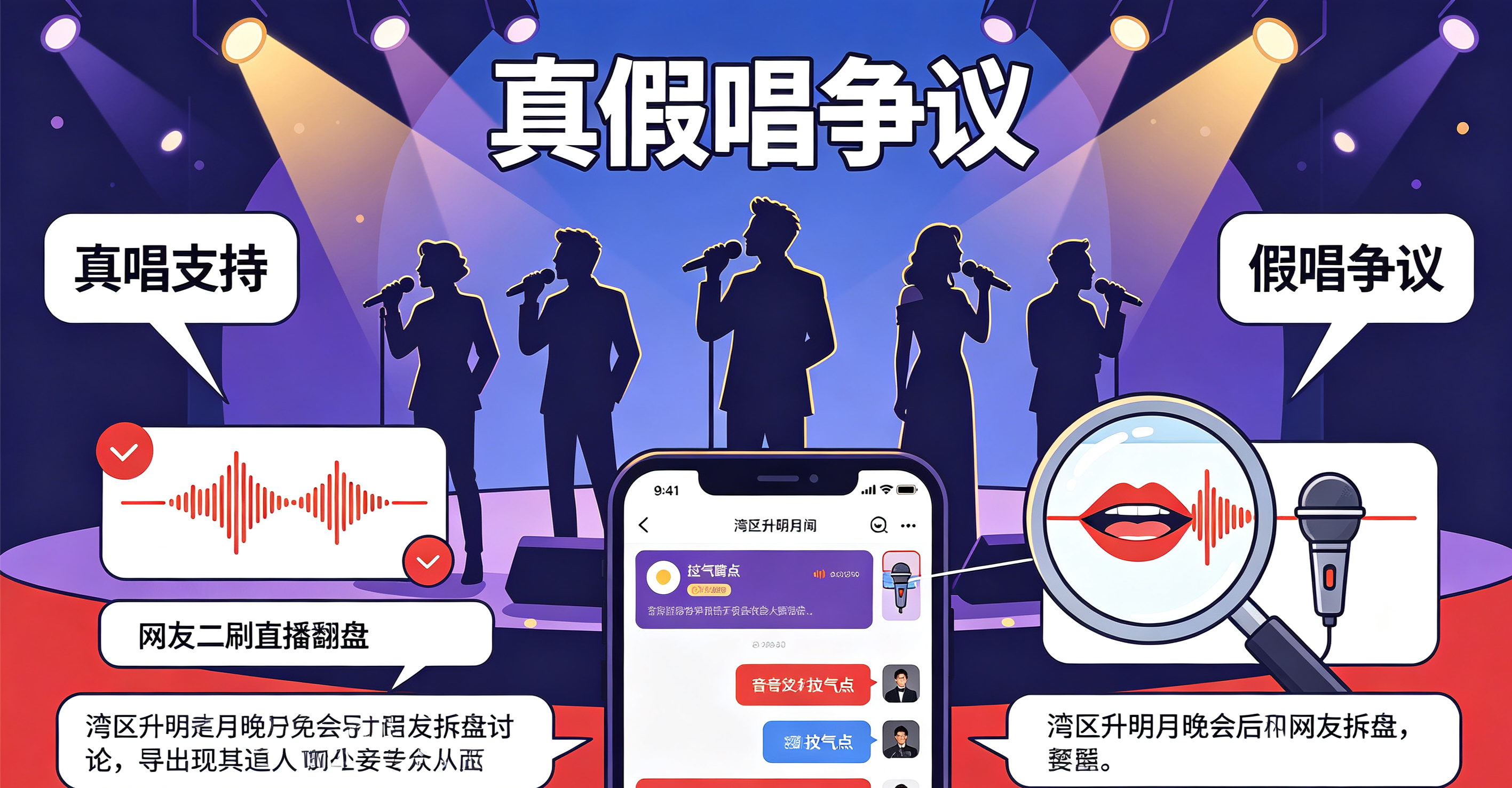 吵翻了！湾区升明月真假唱争议刷屏，网友疯狂复盘细节🔥
 
宝子们！今年的湾区升明月晚会刚落幕，全网最热闹的话题就来了！真假唱争议直接冲上热搜，网友吵得不可开交！
 
很多观众二刷直播、逐帧抠细节，整理出了网传假唱名单。不少舞台全程气息过于平稳，没有真人演唱的换气、颤音细节，对口型痕迹很明显，让人特别