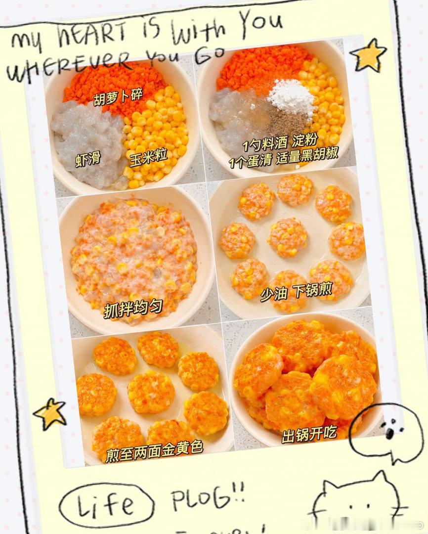 虾滑玉米胡萝卜饼干净低卡的虾滑玉米饼，健康美味，好吃不腻，厨房小白也能轻松拿捏🤌🏻🦐食材准备：鲜虾仁200g、玉米粒、胡萝卜碎、蛋清1个、淀粉1勺、盐+白胡椒粉少许🔥做法1️⃣碗中放入虾滑、玉米粒、胡萝卜碎2️⃣加1勺料酒、淀粉、1个蛋清、适量黑胡椒3️⃣所有食材抓拌均匀4️⃣少油，取混合物下锅煎成小饼5️⃣煎至两面金黄，出锅即可食用玉米粒甜甜脆脆的，搭配鲜嫩Q弹的虾滑，一口下去又香又满足，真的巨巨巨好吃！！！我的美食日记我的宝藏食谱好好吃饭