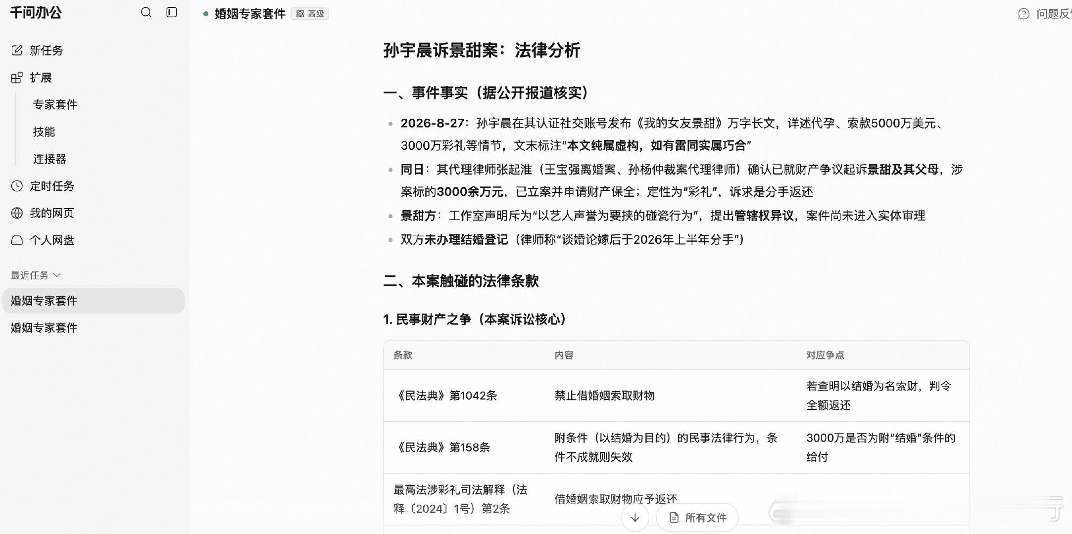 杭州老牌婚姻家事律师团队参与制作。有人拿孙宇晨景甜事件提问，AI给出...