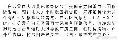[白云雷雨大风黄色预警信号]受偏东方向雷雨云团移近影响，预计未来3小时...