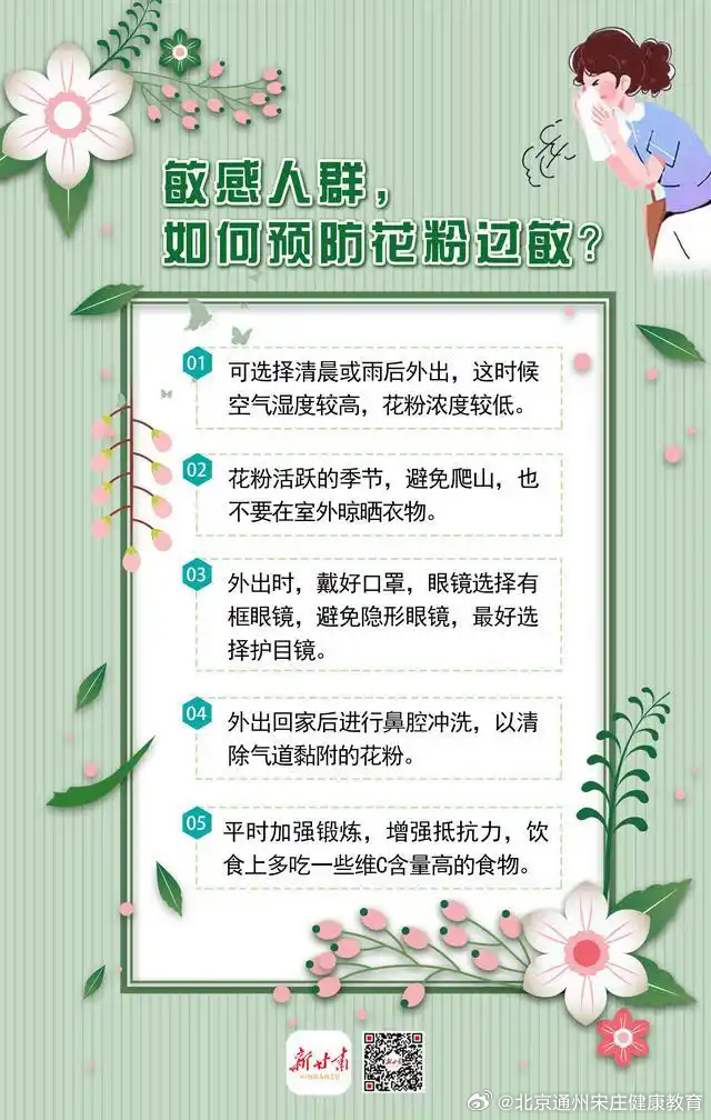 【副中心医声】基本公共卫生服务宣传
        儿童秋季花粉过敏防护做好这四个关键步骤
1、避    减少接触，从源头阻断看预报：每天查北京花粉浓度预报，高峰时段（10:00—17:00）不外出，优先选雨后、清晨出门。避场地：不去公园、草地、荒地、郊野山区，远离杂草密集区。关门窗：花粉季白天紧闭门窗 ​