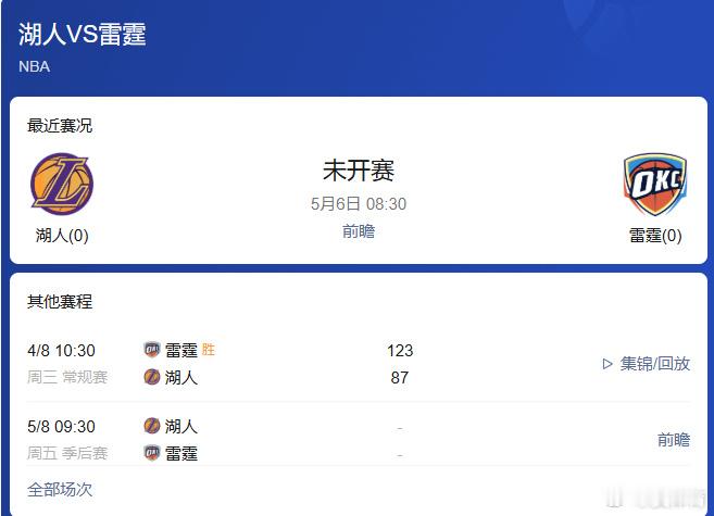 NBA前瞻：湖人vs雷霆（直播）明天上午8.30直播：网页链接湖火大战...