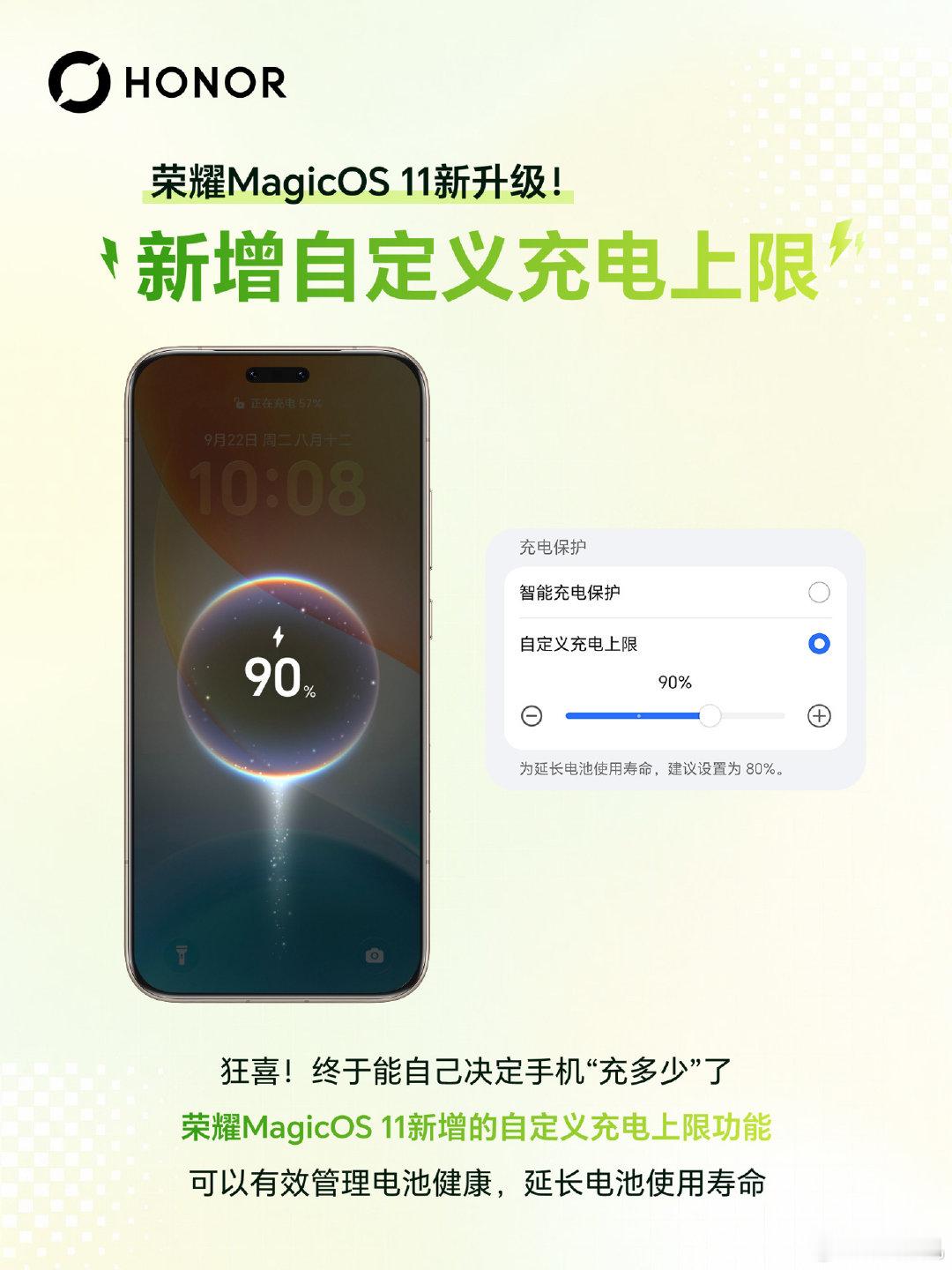 荣耀 MagicOS 11 新增自定义充电上限功能，帮用户更科学地管理电池健康，延长电池使用寿命。 ​