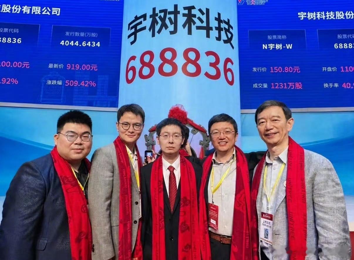 宇树科技上市庆功照流出，创始人王兴兴全程面无表情，开盘1100元买入的家人们昨天吃了碗大面，也是开眼界了。600倍PE的人型机器人，如何能做到应用端，能够市场化？否则一个废材大玩具很快收皮了！

笑到最后才是笑。这个企业现在看着是疯狂，五年之后还能疯狂，那才叫狂。拭目以待……90后王兴兴被一 ​