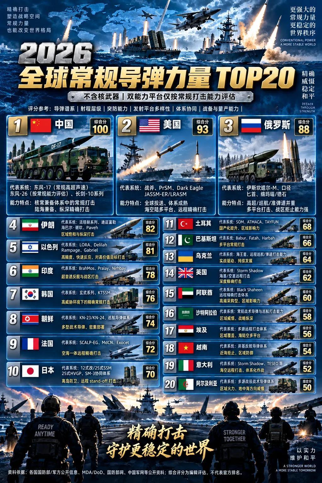 全球常规导弹力量TOP20：我把中国排第一，美国排第二。

如果把核弹头全部拿掉，只比较常规导弹打击能力，我的这份榜单最有争议的地方，恐怕就是：中国第一，美国第二。

很多人会下意识觉得美国应该稳坐第一，但常规导弹这件事，恰恰是中国火箭军最擅长的领域之一。东风-17已经由官方明确为常规导弹，具备全天