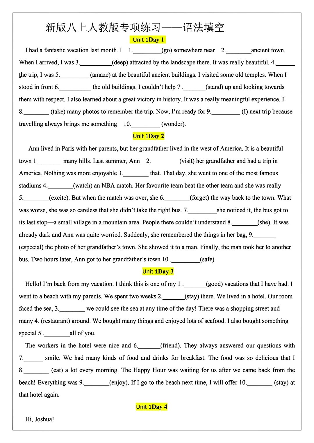 2025新版八年级上册英语语法填空