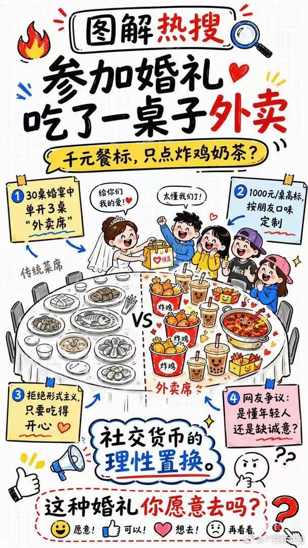 #参加婚礼吃了一桌子外卖#不追求刻板排场的婚礼太加分！留出外卖席位给年轻朋友，美团外卖灵活搭配餐食，热乎美味准时送到，每一位客人都能吃得舒心。 ​