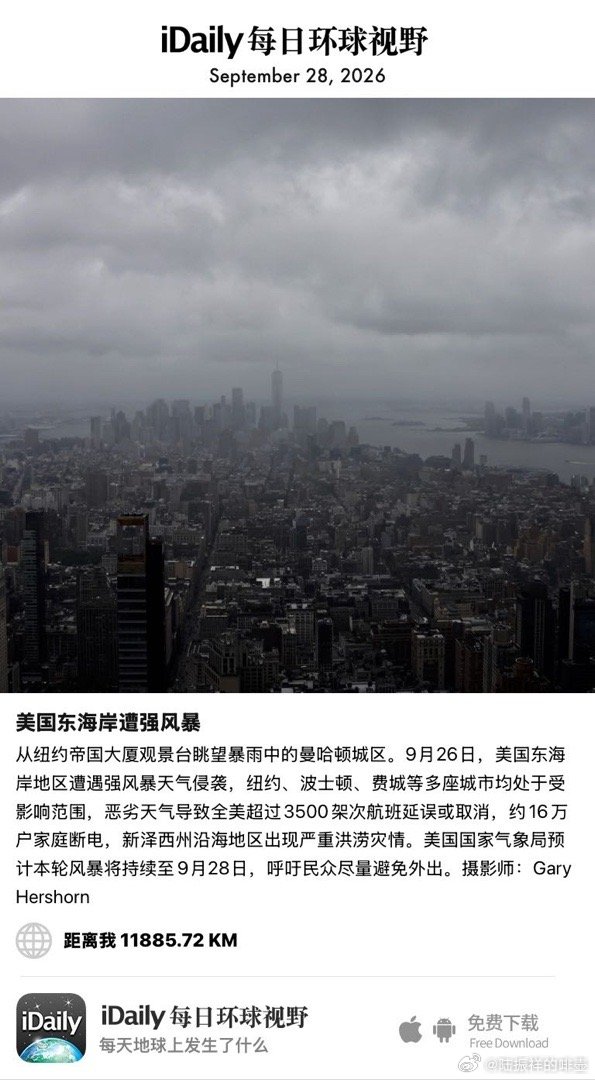 September 28, 2026 - 从纽约帝国大厦观景台眺望暴雨中的曼哈顿城区。9月26日，美国东海岸地区遭遇强风暴天气侵袭，纽约、波士顿、费城等多座城市均处于受影响范围，恶劣天气导致全美超过3500架次航班延误或取消，约16万户家庭断电，新泽西州沿海地区出现 ​