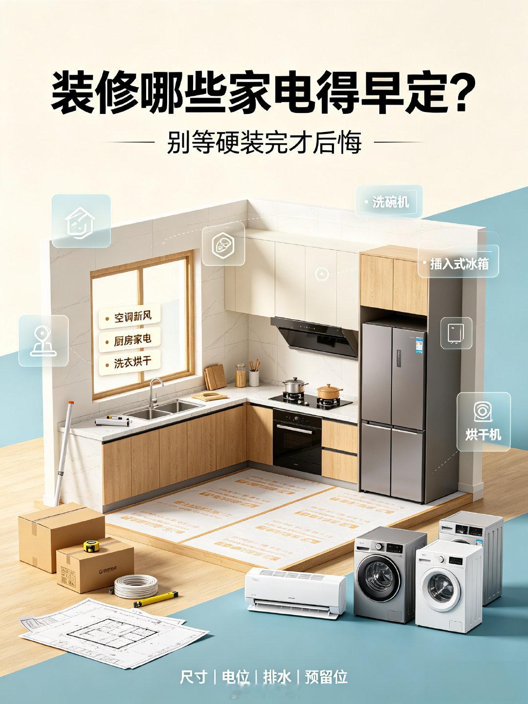开工前如果考虑安装中央空调、新风系统、全屋净水，这些会涉及吊顶开孔、管道预埋、水电定位，需要提前跟装修公司沟通好，最晚开工一周前敲定。

像厨房这些嵌入式电器，蒸烤箱、洗碗机、集成灶、嵌入式冰箱。尺寸决定橱柜柜体结构、插座位置和下水预留，若后期选购极易出现尺寸不符、插座外露问题。同时提前定智能卫浴、恒温花洒，确定进水高度和电路预留。

瓦木阶段需确定油烟机、燃气灶、热水器，方便贴合墙砖、吊顶预留空间。电视、投影仪等影音设备也需早定，提前预埋管线、隐藏线路。普通立式冰箱、洗衣机、小家电可装修尾声再选购。#装修哪些家电得早定# #家居装修[超话]#