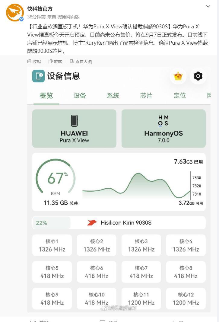 华为Pura X View确认搭载麒麟9030S处理器了？！[点赞] ​