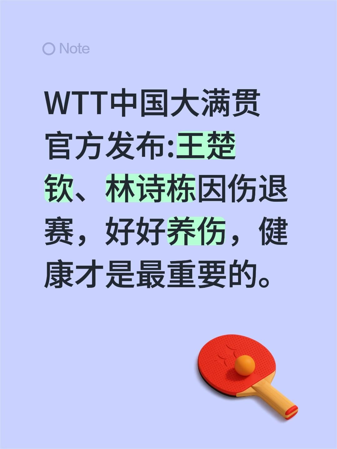 WTT中国大满贯
官方发布:王楚钦、林诗栋因伤退赛，好好养伤，健康才是最重要的。wtt中国大满贯