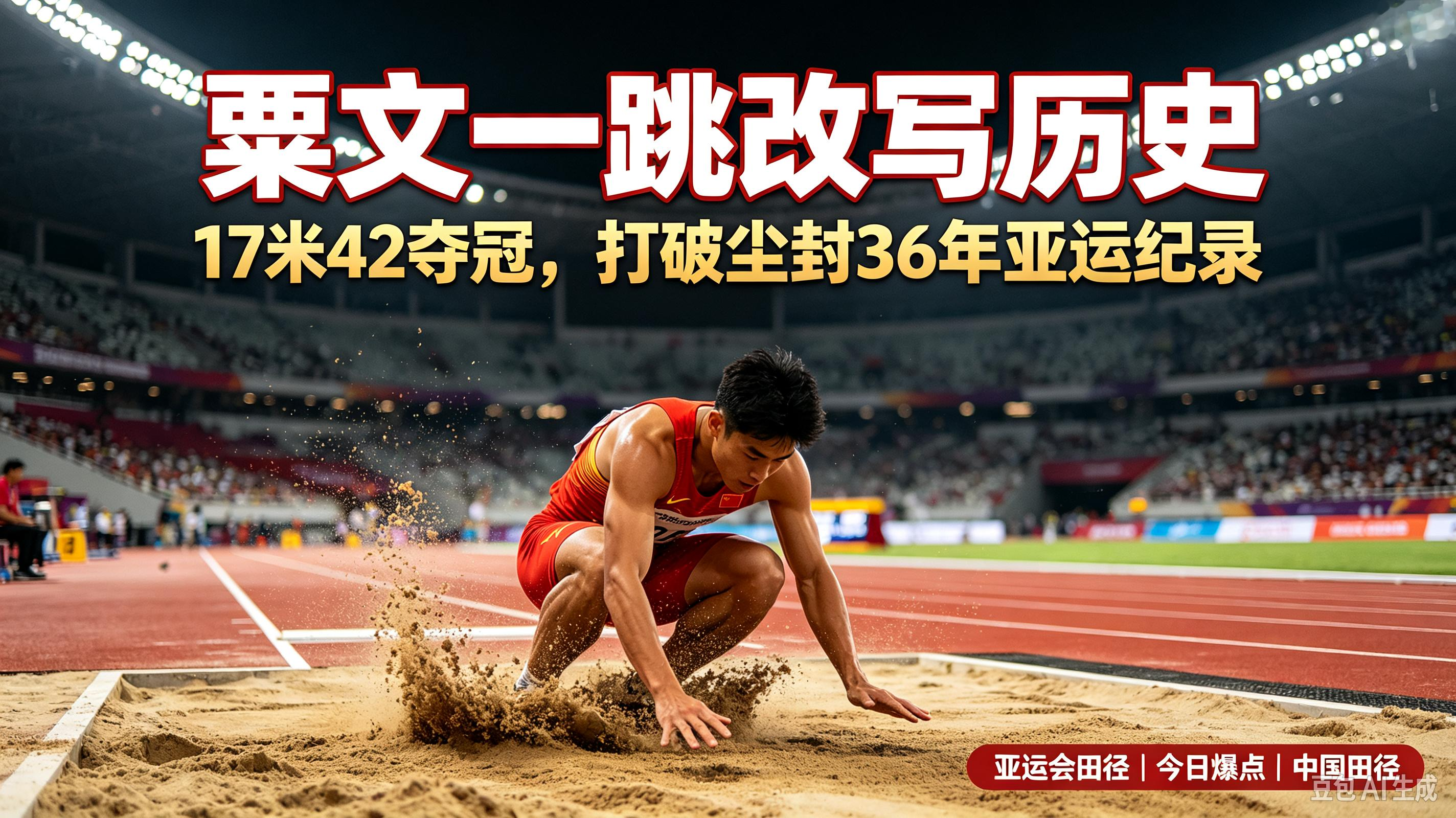 标题：尘封36年！粟文一跳改写亚运历史，17米42惊天夺冠🔥
正文：名古屋亚运会男子三级跳远决赛，中国选手粟文跳出17米42！
直接打破尘封36年的亚运赛会纪录，拿下金牌！
1990年的老纪录，今天被他一举掀翻。
助跑、腾空、落地，这一跳距离，拉近中国三级跳远和世界顶尖的差距。
从默默训练到站上亚洲