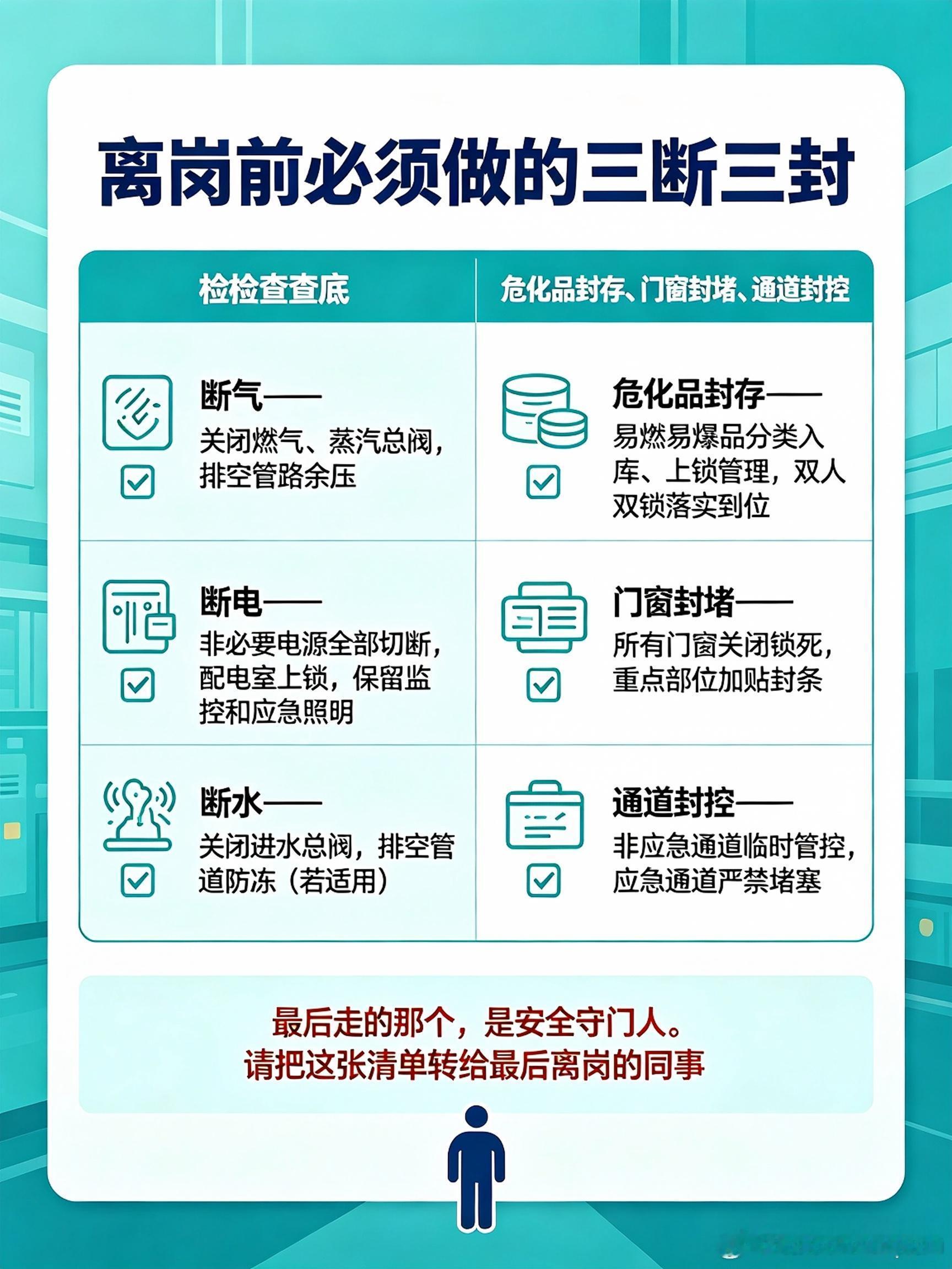 中秋国庆双节将至，安全人却永远在“加试题”上——节前离岗三断三封、危化品双人双锁、夜间巡查五个盲区、门岗防盗三问三查、特殊作业提级管控、值班值守三件事，12张图帮你把假期防线扎紧，转给最后离岗的同事和带班领导，愿厂区没有意外、没有突发、没有凌晨的电话，月圆人安🌕。#中秋国庆# ​