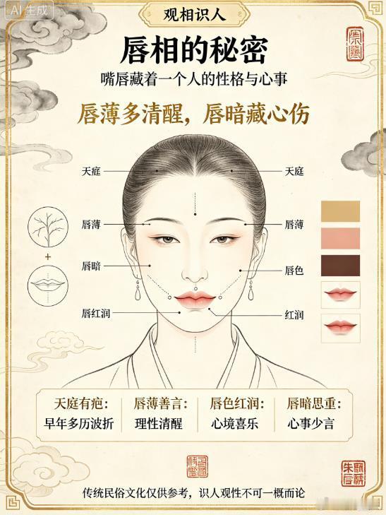 《观相识人》唇相秘断人面五官，各藏玄机，天庭带疤，三十之前多历坎坷；疤痕并非凶兆，乃是人生磨砺留下的印记。老祖宗流传下来的识人智慧，看懂嘴唇，便能窥见人心。唇薄，善言辞，心性冷静理智；唇暗，心事沉，苦楚不愿示人。唇色红润者，心境豁达喜乐，福气常伴；唇色暗沉者，思虑深重，习惯独自承压，很少向外倾诉委屈。古相有言：**唇薄多清醒，唇暗藏心伤**。面相属于传统民俗文化，仅供识人参考，不可一概而论定终身。观相识人 面相文化 国学识人