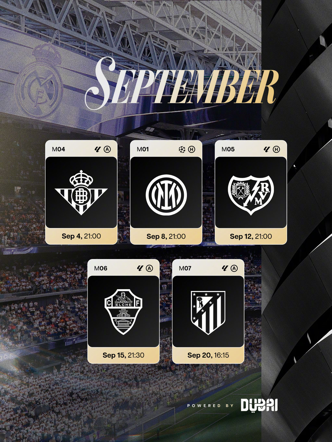 🏟 9月赛程请查收🙌

北京时间9月5日03:00 皇家贝蒂斯vs皇马
北京时间9月9日03:00 皇马vs国际米兰
北京时间9月13日03:00 皇马vs巴列卡诺
北京时间9月16日03:30 埃尔切vs皇马
北京时间9月20日22:15 马德里竞技vs皇马

#皇马[超话]##halamadrid##皇马比赛# ​​​​