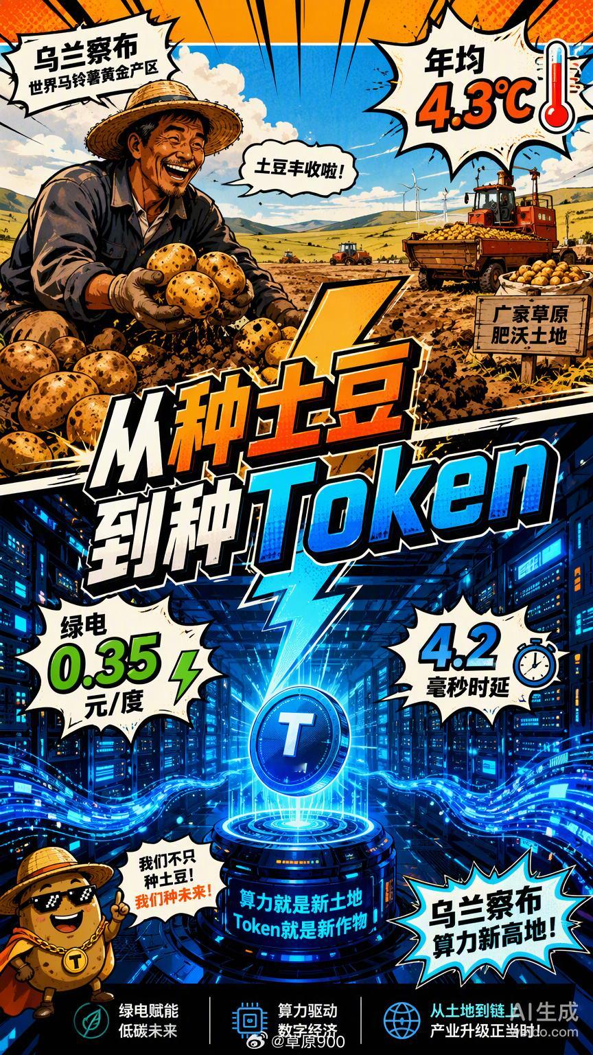 乌兰察布这地方，以前是“中国薯都”，现在摇身一变成了“Token之都”。
从种土豆到种Token，听着像是跨界玩梗，实则是地理天赋的硬核变现。年均4.3℃的天然冷凉气候，成了服务器最省钱的散热系统；
丰富的风电光伏资源，把算力成本打到了每度电0.35元左右；再加上离北京只有200多公里、4.2毫秒的超低 ​