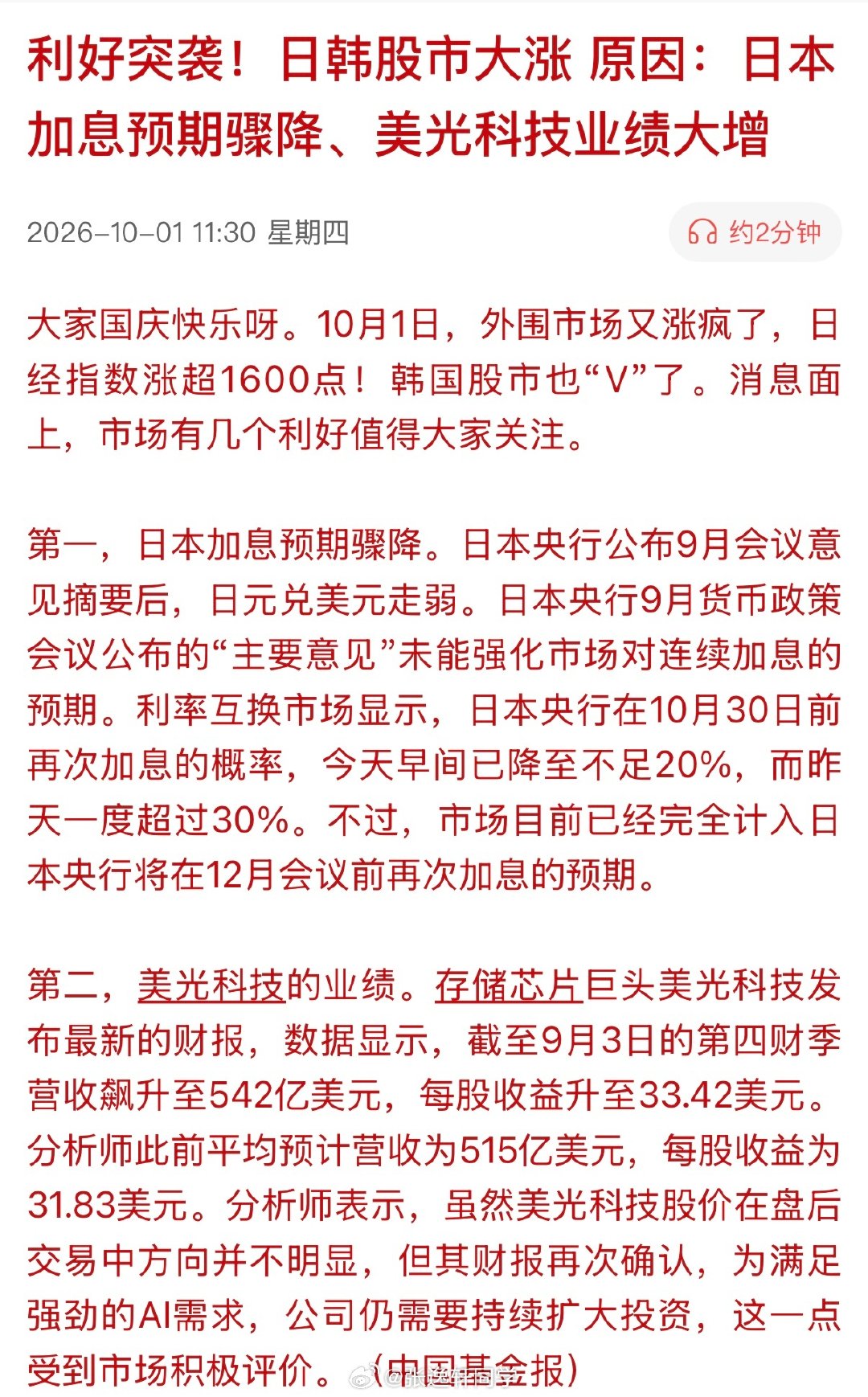 利好突袭！日韩股市大涨。原因：日本加息预期骤降、美光科技业绩大增 ​