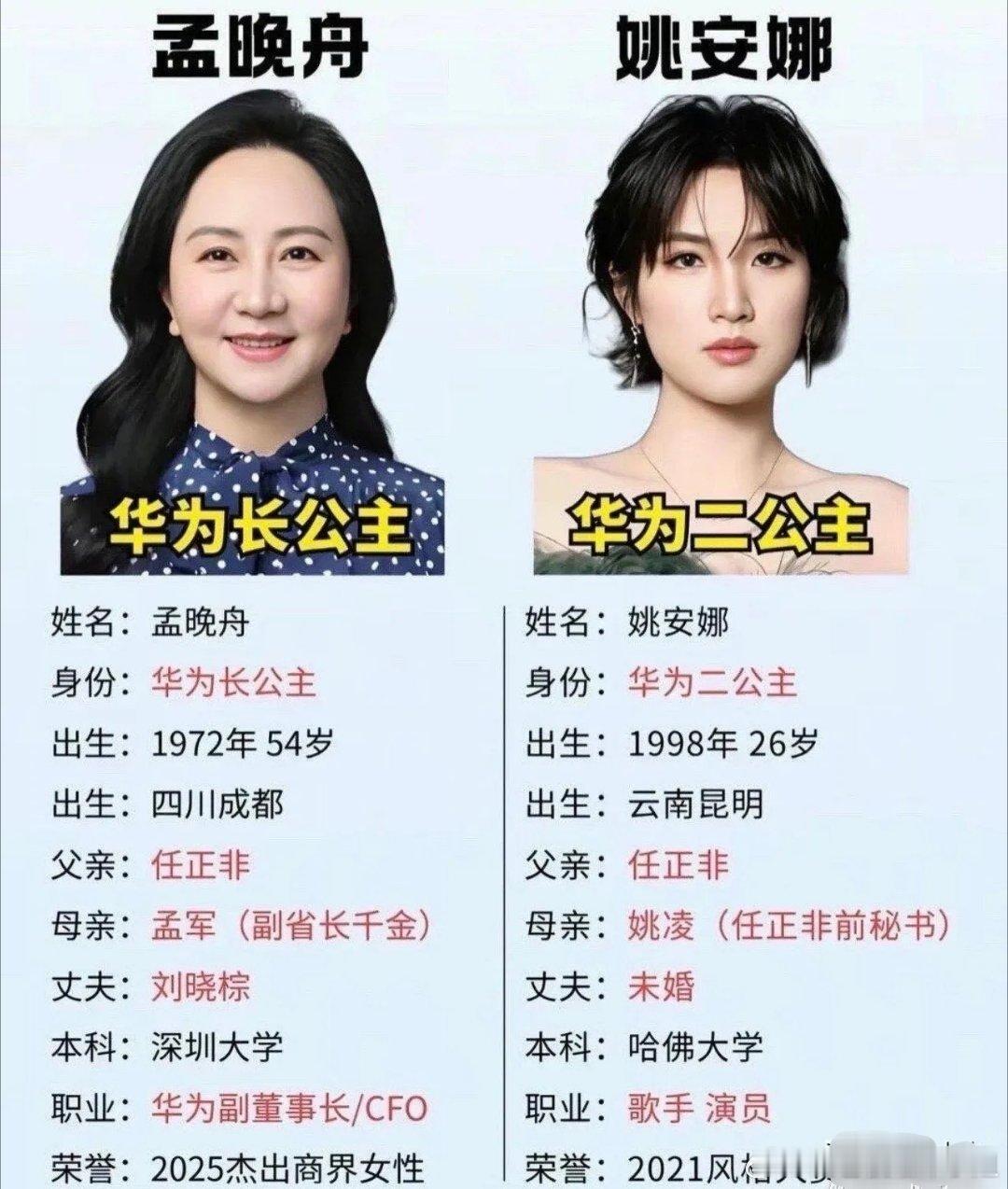 任正非两个女儿随母姓，是两段婚姻带来的家庭情况，两人成长道路完全不一样，但都在各自领域走出自己的人生。
 
孟晚舟随母亲孟军的姓氏，早年一步步从华为基层做起，深耕企业管理，坐到华为副董事长位置，经历过重大风波，扛住压力，在科技企业管理、全球化经营方面历练出极强的能力，走的是硬核实业 ​