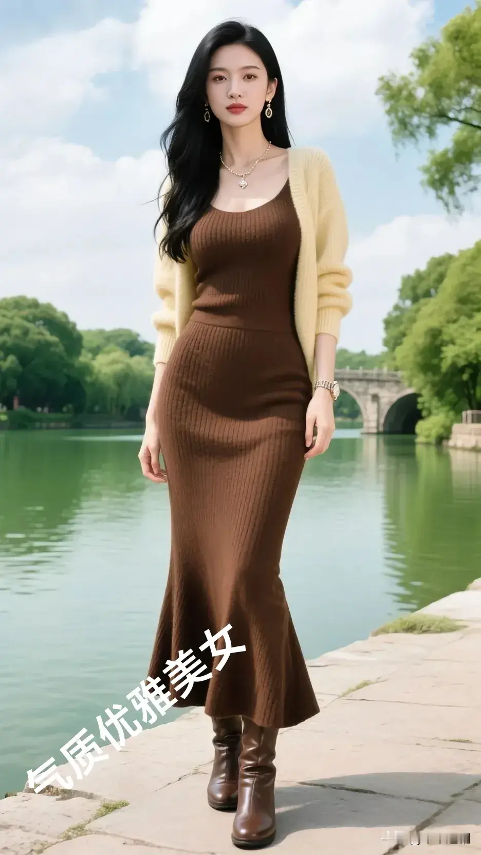 湖畔微风轻拂，棕裙与暖黄开衫勾勒出优雅身姿，在绿意与流水的映衬下，她...