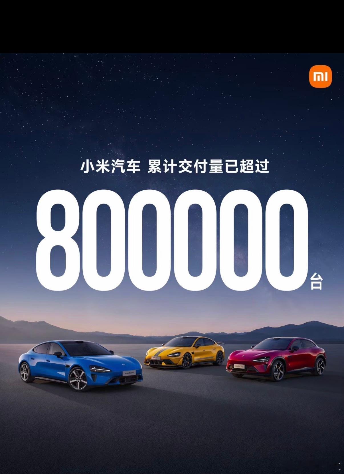 #小米汽车交付量破100万有望加速实现#9月7日雷军官宣，小米汽车累计交付突破80万辆，从首车交付到现在只用了29个月。
距离100万辆目标还差20万辆，随着首款增程SUV小米澎程上市，加上产能持续爬坡，破百万的节点有望在2026年底或者2027年上半年到来。

新品加持下交付速度进一步提速，你看好小米汽车后 ​
