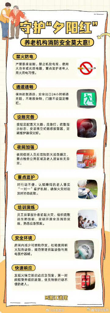 #蜀安之声##多地小学改为养老院#关于养老院，安全问题得重视。
养老机构消防安全，容不得半点松懈⚠️
养老院属于特殊人员密集场所，入住老人行动迟缓、自救能力弱、疏散速度慢，一旦突发火情，极易造成重大伤亡和财产损失，后果不堪设想。
 
守护长者安居晚年，安全是第一底线！
✅压实主体责任，落实 ​