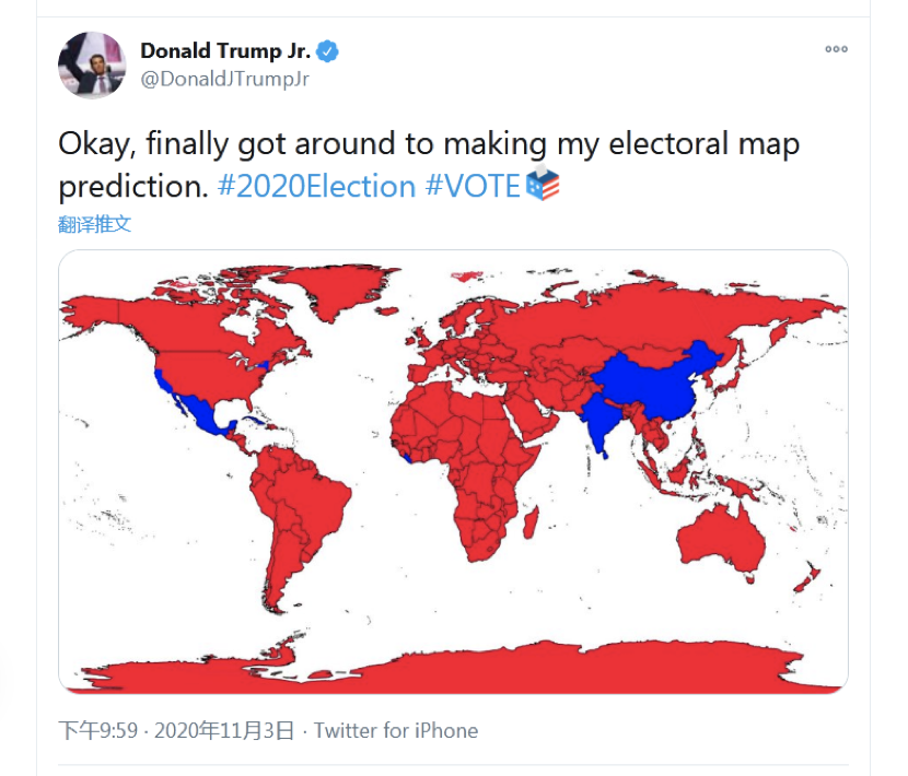 特朗普長子發“選舉世界地圖”為支持者打氣, 被網友吐槽存在好多問題-圖2