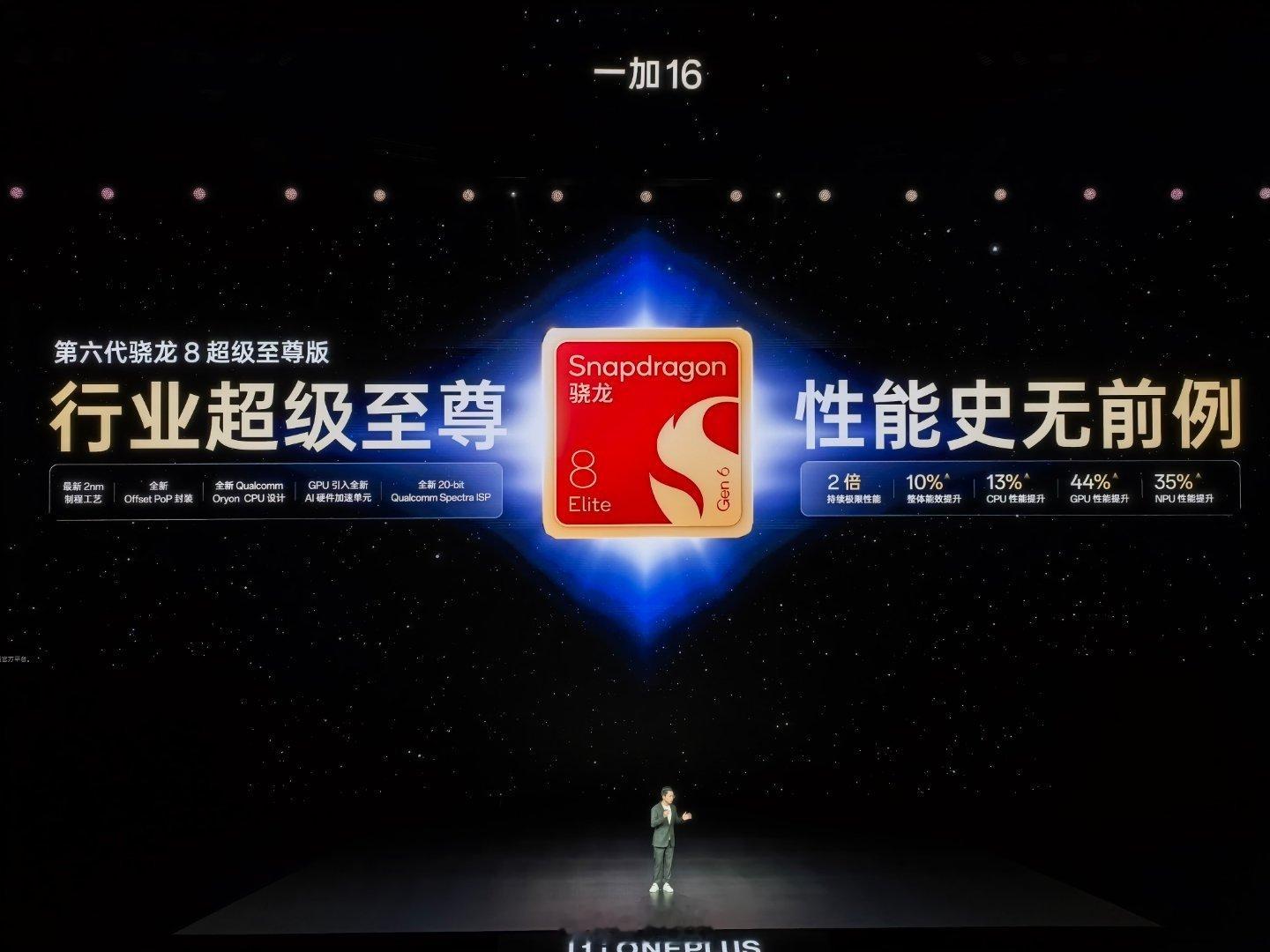 一加 16 搭载第六代骁龙 8 超级至尊版，采用行业最先进2nm制程，配合出厂写入芯片底层的「风驰游戏内核」以及「冰河散热系统」。

全球首发 185Hz 极速高刷，相较 120 帧，185 帧流畅度提升超 50%，每秒多显示 65 帧画面，全链路185Hz的游戏体验！  ​​​