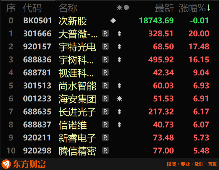 10月19日次新板块2只股票张超10％。大普微-UW获20％涨停，宇特光电17.48％。远端超跌+中盘高价+预盈预增+机构重仓+IT设备/存储芯片/国产芯片/数据中心/专精特新/DeepSeek概念/英伟达概念/抖音概念/小红书概念/阿里概念/百度概念题材股大普微-UW早盘封板，获上市后第4个20％涨停。近端超跌+小盘中高价+ ​