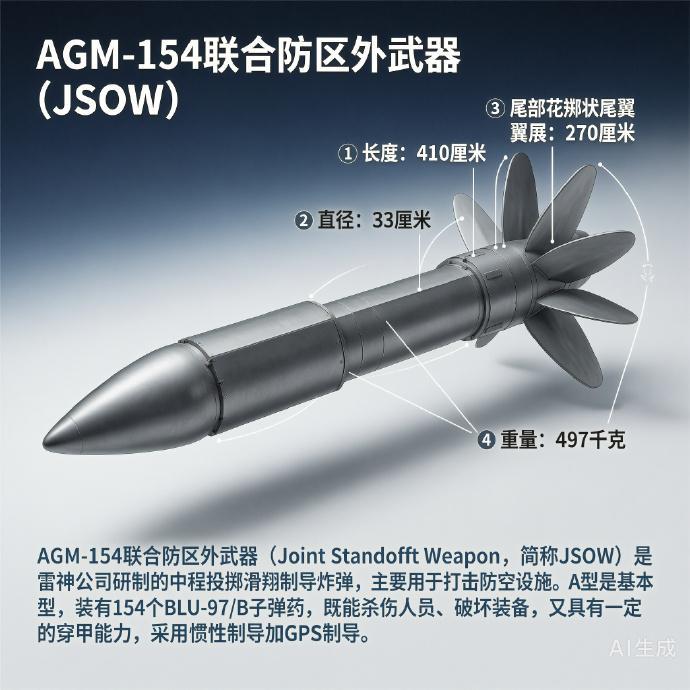 #军事ai新视野# 美国AGM-154联合防区外武器

长度：410厘米
直径：33厘米
翼展：270厘米
重量：497千克
最大速度：亚音速
最大射程：130千米

AGM-154联合防区外武器（Joint Standoff Weapon，简称JSOW）是雷神公司研制的中程投掷滑翔制导炸弹，主要用于打击防空设施。

AGM-154弹体头部为锥形、中部为 ​