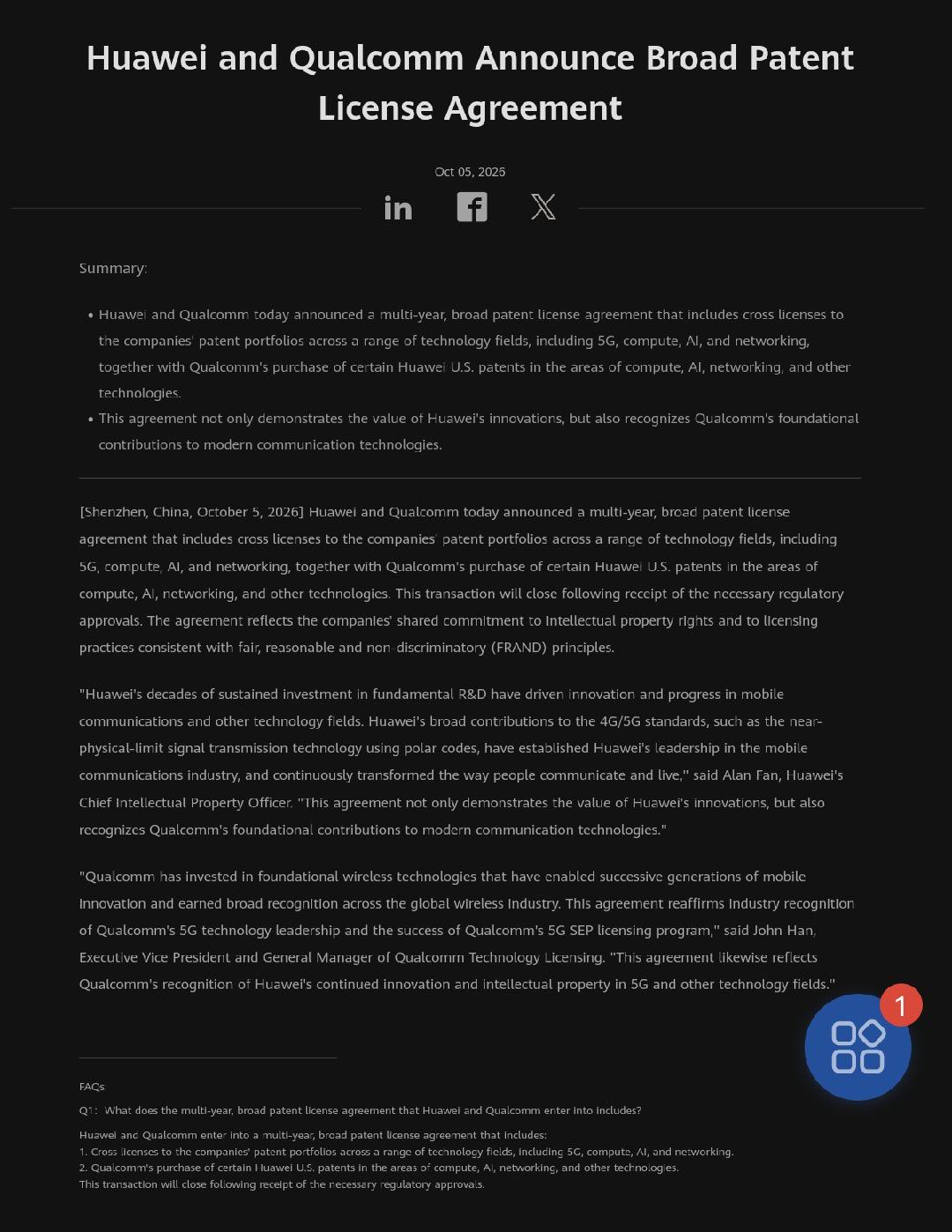 从官方公告出发，剖析华为与高通这次专利合作意向的价值

首先咱先不讨论芯片，媒体的说法我不完全采信。对照这份官方公告，有一些基本事实摆在眼前。这份意向能够对外发布，代表双方都存在合作的诉求，这件事本身意义非凡。公告写明，协议覆盖5G、人工智能、计算、网络多个领域，很明显双方互有专利方 ​