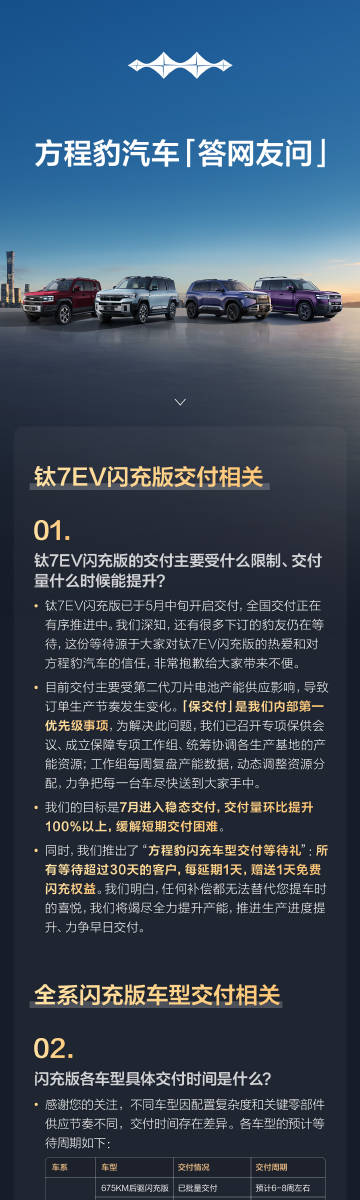 非常抱歉让各位久等，钛7EV闪充版目标7月进入稳态交付，交付量环比提升...