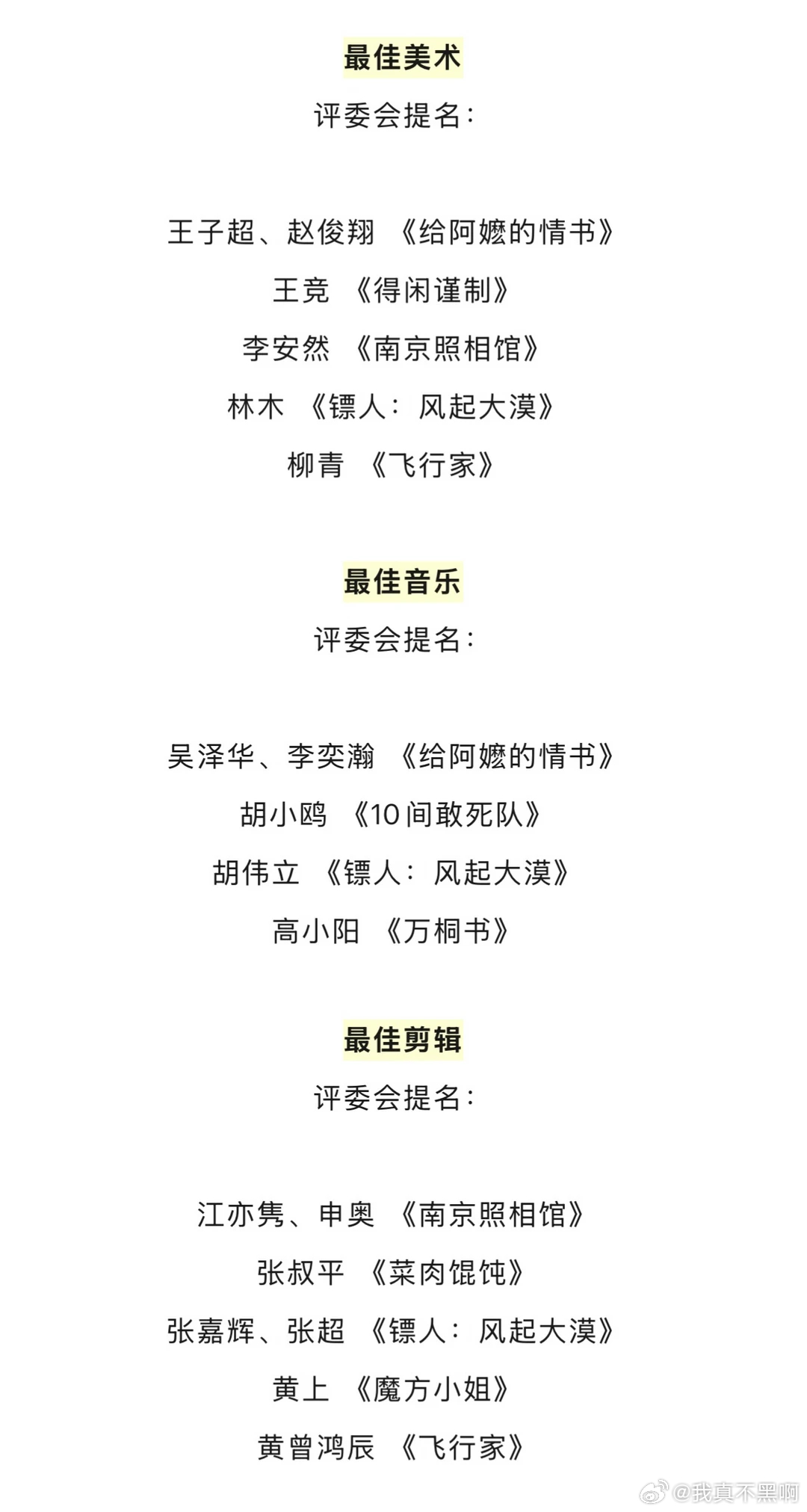 #金鸡奖影帝影后预测##金鸡奖提名# 第39届金鸡奖提名今天官宣，来盘一盘这份名单：

最佳故事片：7部入围，《南京照相馆》《给阿嬷的情书》《震耳欲聋》《万棵》《飞行家》《密档》《镖人：风起大漠》

《南京照相馆》和《给阿嬷的情书》是最大赢家，一个7项提名，一个6项提名。一个实搭建还原历史，一 ​