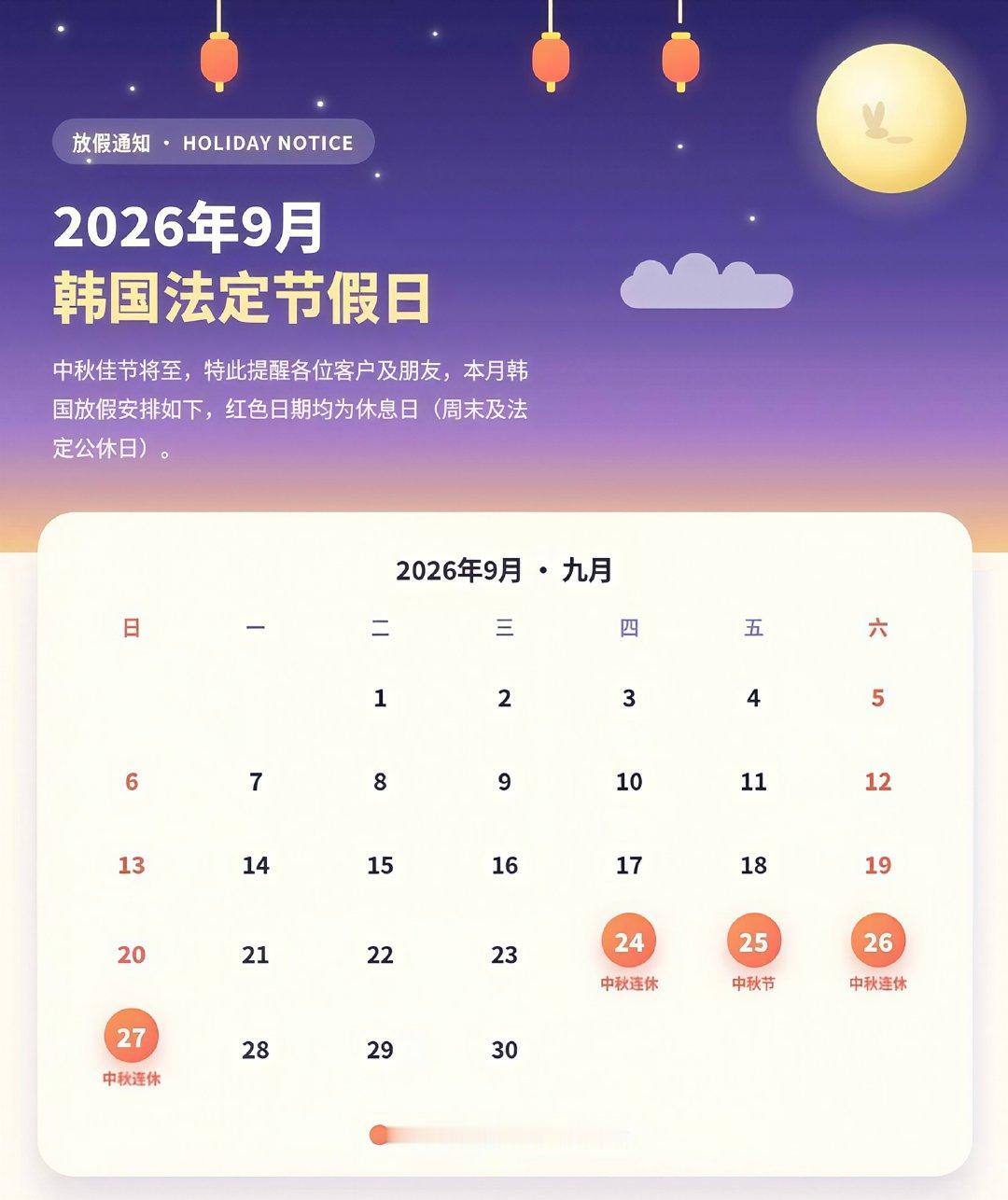 【🆘】韩国中秋节假期今天开始放假，连放四天。

[手指比心] ​