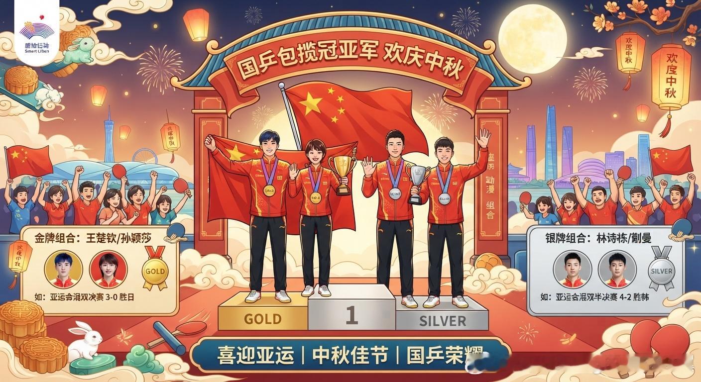 #国乒包揽冠亚军庆祝中秋#  王楚钦/孙颖莎（莎头组合）在四分之一决赛中以3:0战胜日本组合松岛辉空/张本美和，随后顺利晋级。

林诗栋/蒯曼（动漫组合）在半决赛中以4:2力克世界排名第一的韩国强档林钟勋/申裕斌。

两对中国组合一路过关斩将、成功会师混双决赛，提前为中国队包揽了该项目的金银牌，用 ​