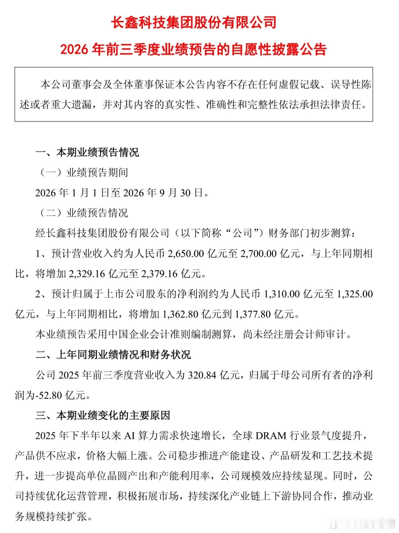 #长鑫科技预计9个月暴赚超1300亿#

上海迪士尼的主要投资方申迪集团，2025年净利润为12.81亿元。按此估算，则约等于其107.6年的利润。

今年1 -9月， 经长鑫科技财务部门初步测算，预计营业收入约为人民币2,650.00亿元至2,700.00亿元，预计归属于上市公司股东的净利润约为人民币 1,310.00亿元至 1,325. ​