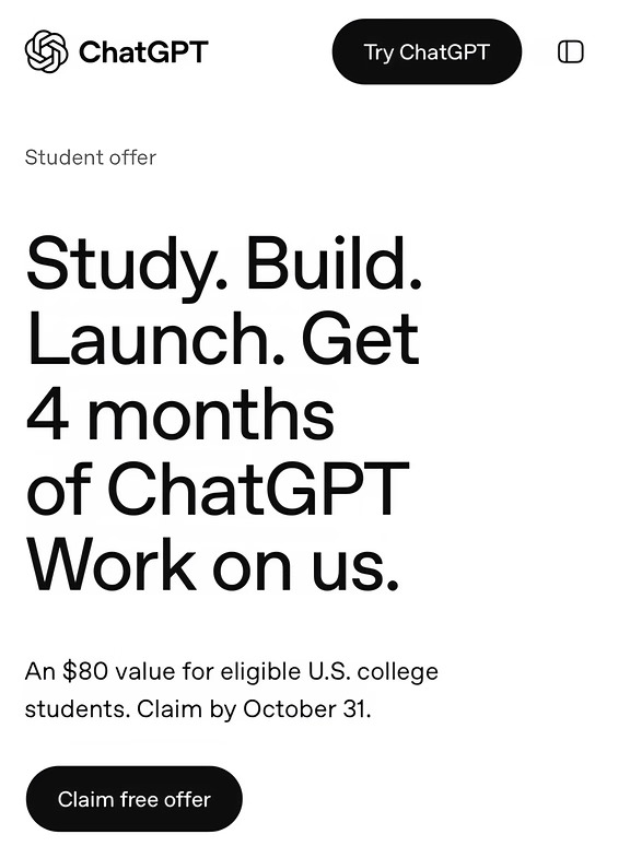 美国学生免费领4个月ChatGPT Plus