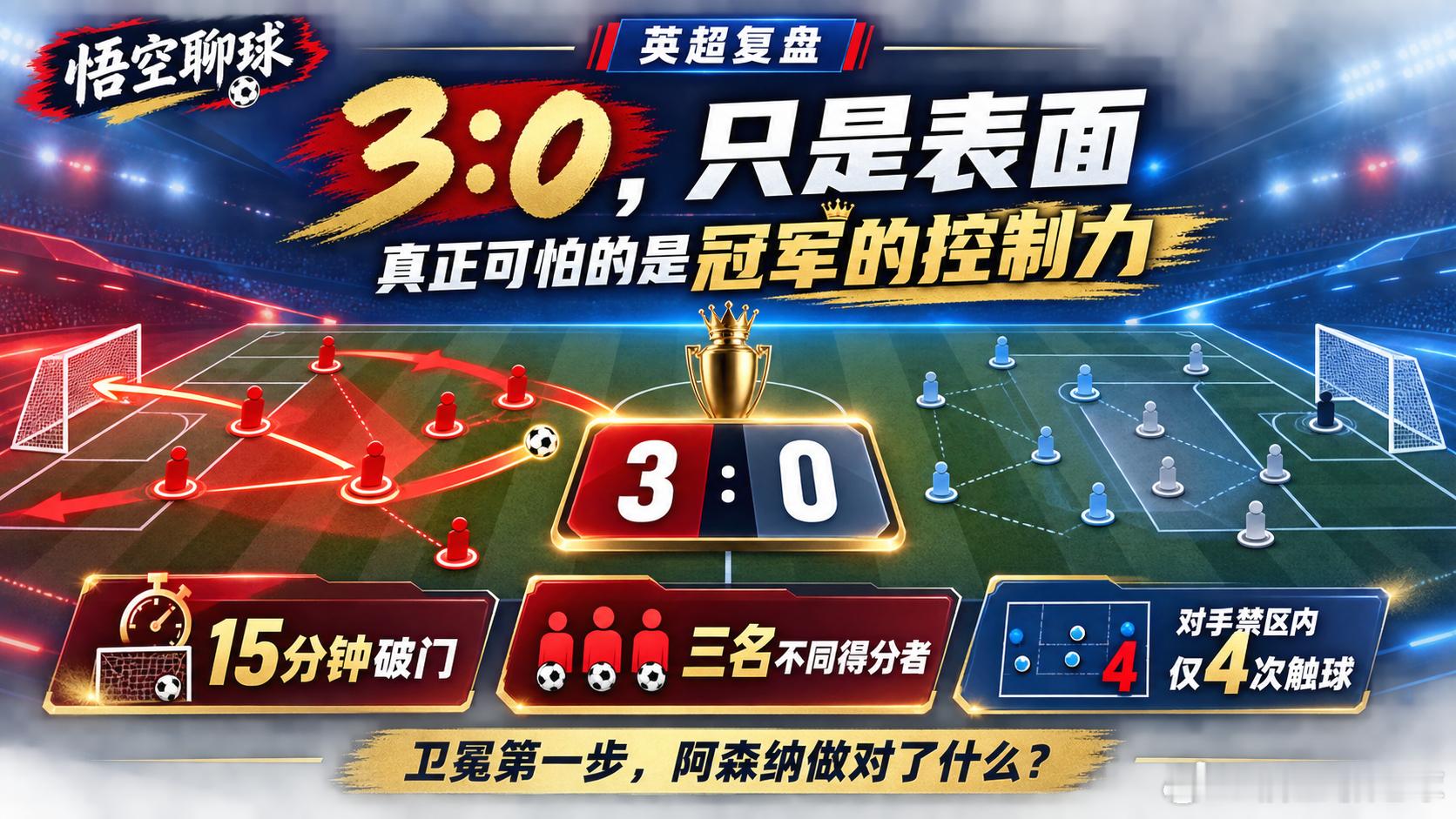 🔥3:0只是表面：阿森纳最可怕的，是比赛失去悬念的速度

英超揭幕战，阿森纳3:0击败考文垂，顺利迈出卫冕第一步。

哈弗茨第15分钟破门，萨卡第23分钟扩大比分，厄德高下半场锁定胜局。三名不同球员完成进球，新援佐利斯也直接参与了前两次得分。

真正体现差距的不是比分，而是比赛控制：

① 开场1 ​