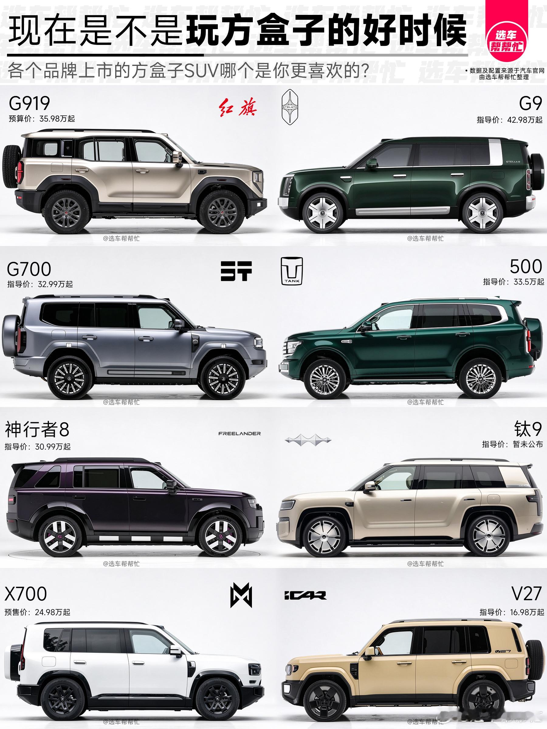现在是选方盒子SUV的最好时候吗❓
这两年方盒子已经从“越野玩家玩具”，变成颜值优先、轻越野为主的大众SUV赛道🚗，市场规模的扩大主力基本都是国产新能源，燃油硬派份额其实是被挤压的。
 
👉2024年国内方盒子SUV总销量约79.3万辆；
👉2025年突破102万辆，正式迈入百万级赛道，占SUV市场8.5%
 ​