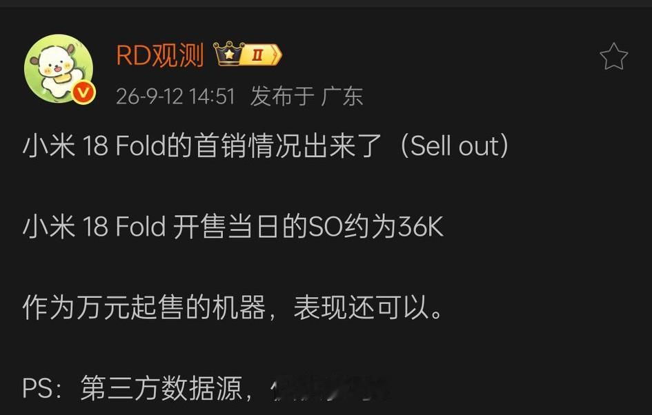 据数码博主RD观测透露，小米18Fold首销情况如下:
小米 18 Fold 开售当日的销量约为3.6万台，作为小米首款万元起售的机型，销量表现还可以，大家买了小米18Fold了吗？