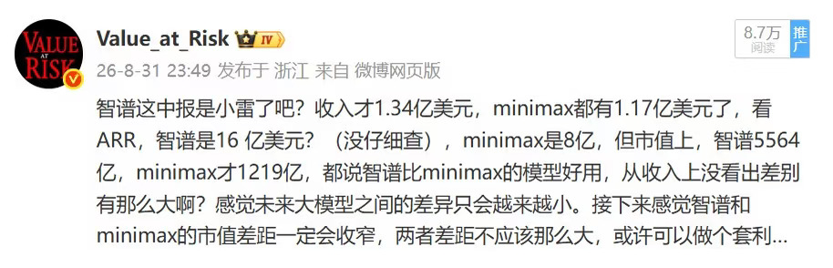 智谱9月1日财报公布后已经跌了46%了，这速度惊人，相对而言minimax 9月份跌了20%多，两者的市值差距总归是收窄了…