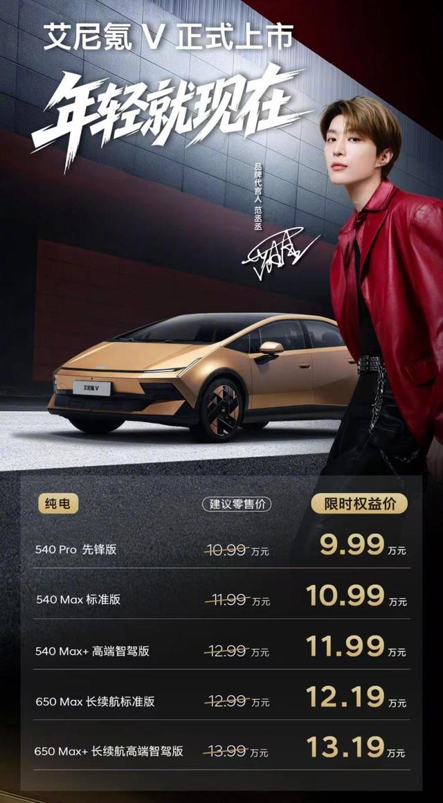 国庆前最后一天，北京现代艾尼氪 V 正式上市，限时权益价 9.99 万起，顶配 13.19 万。这款合资纯电轿车的定价，直接打破了过往合资品牌纯电车型的溢价惯例，正式入局 10 到 15 万的主流市场。
全系标配宁德时代电池和高通骁龙 8295P 芯片，尺寸达到标准 B 级车级别，配置规格不低，售后