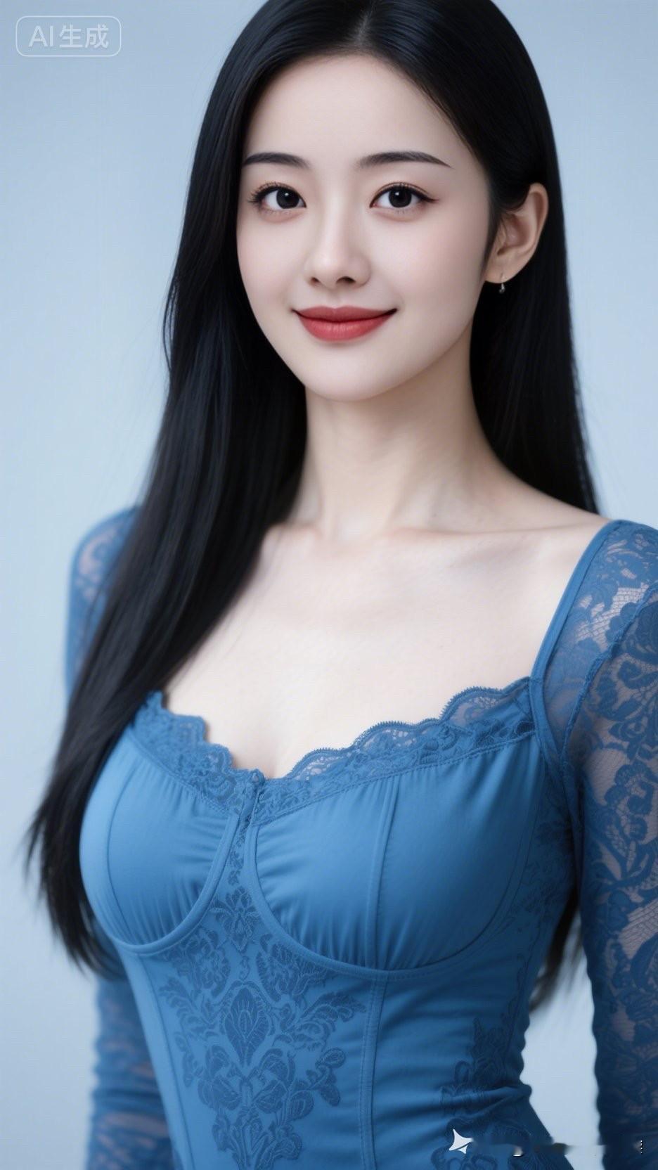 这位小姐姐穿着蓝色蕾丝裙，好漂亮！