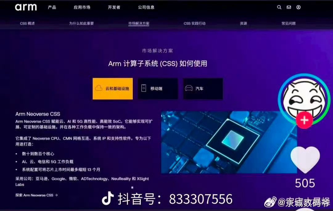 ARM的Neoverse CSS服务确实火爆，涵盖云、AI、移动、汽车多领域Soc，能够提供整套计算平台IP落地，只要钱到位，最后成果IP都是客户的，想长脸面的谁不想试试啊。
目前Arm该项业务手握16份协议，涉及10家公司。
连苹果公司都去合作了。
对于这种合作，没必要遮遮掩掩，又不是什么丢人的事！
[666][666] ​