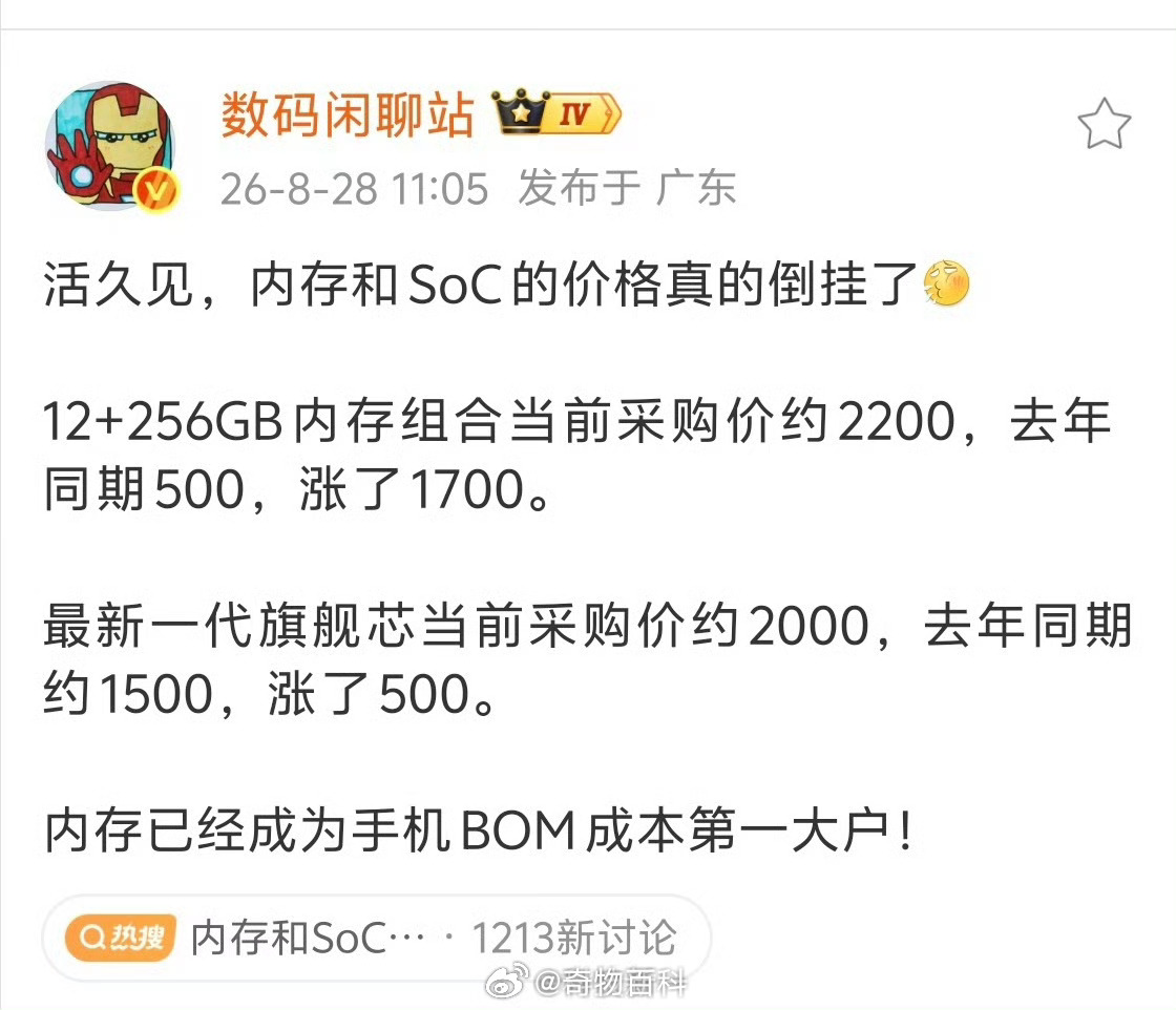 #内存和SoC的价格真的倒挂了#行业出现罕见现象，内存存储采购成本反超旗舰SoC，完成成本地位反转。
核心源于AI产业爆发，大量存储产能转向高利润服务器HBM，消费级内存供给被挤压，价格大幅飙升，而SoC涨幅相对温和。
 内存一跃成为整机最大物料成本，直接抬高手机BOM总成本。压力向下传导，终端售价被 ​