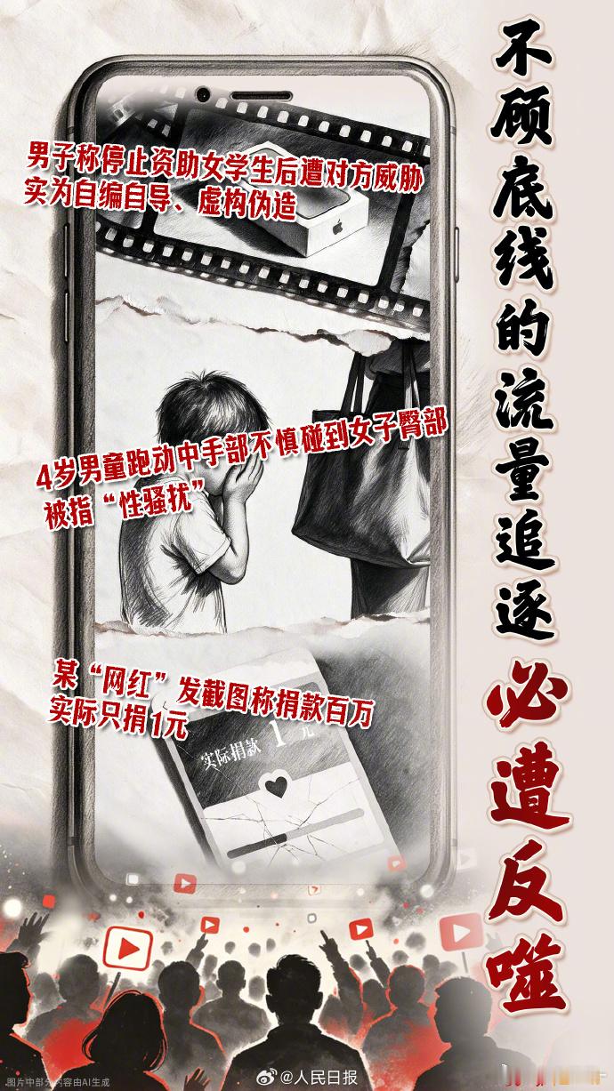 #人民日报点名三件流量炒作事件#

最近三件热搜放在一起看，确实挺讽刺。

有人自编自导“停止资助后被学生威胁催捐”，靠公益和贫困生话题吸粉；有人把4岁男童奔跑中的无意触碰，包装成“摸臀性骚扰”，硬生生制造性别对立；还有网红在洪灾期间晒“百万捐款”截图，实际情况却完全对不上。

共同点其 ​