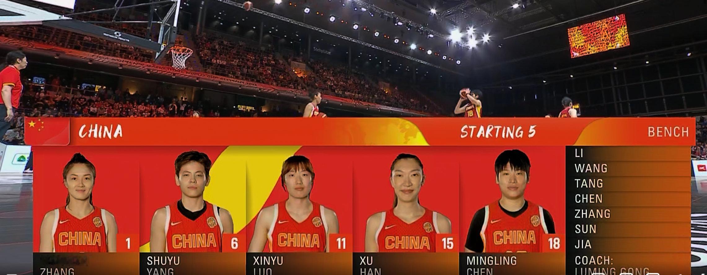 #女篮世界杯##中国女篮vs美国女篮# 
中国女篮首发：杨舒予、陈明伶、罗欣棫、张曼曼、韩旭。
美国女篮首发：切尔西・格雷、杰基・扬、卡莉娅・库珀、布里安娜・斯图尔特、纳菲莎・科利尔 ​