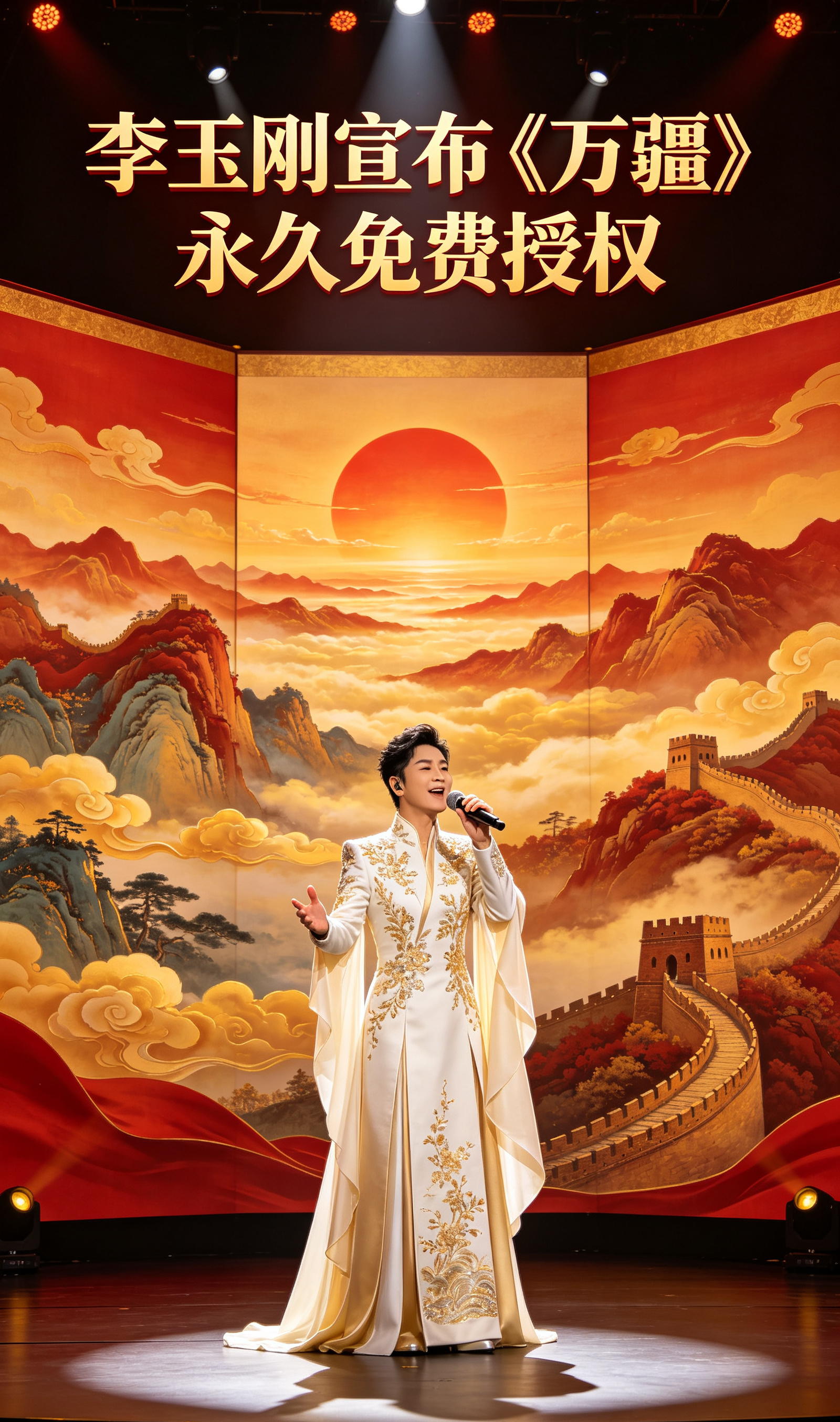 李玉刚宣布《万疆》永久免费授权
 
一句“红日升在东方，其大道满霞光”，让国风歌曲《万疆》走进无数人的心中。近日，李玉刚在社交平台发布视频，正式宣布一项重磅决定：今后任何歌手在演唱会上演唱《万疆》，均可获得永久免费授权，分文不取。消息一经公布，迅速冲上热搜，无数网友纷纷感叹，这才是家国情怀该有的样子