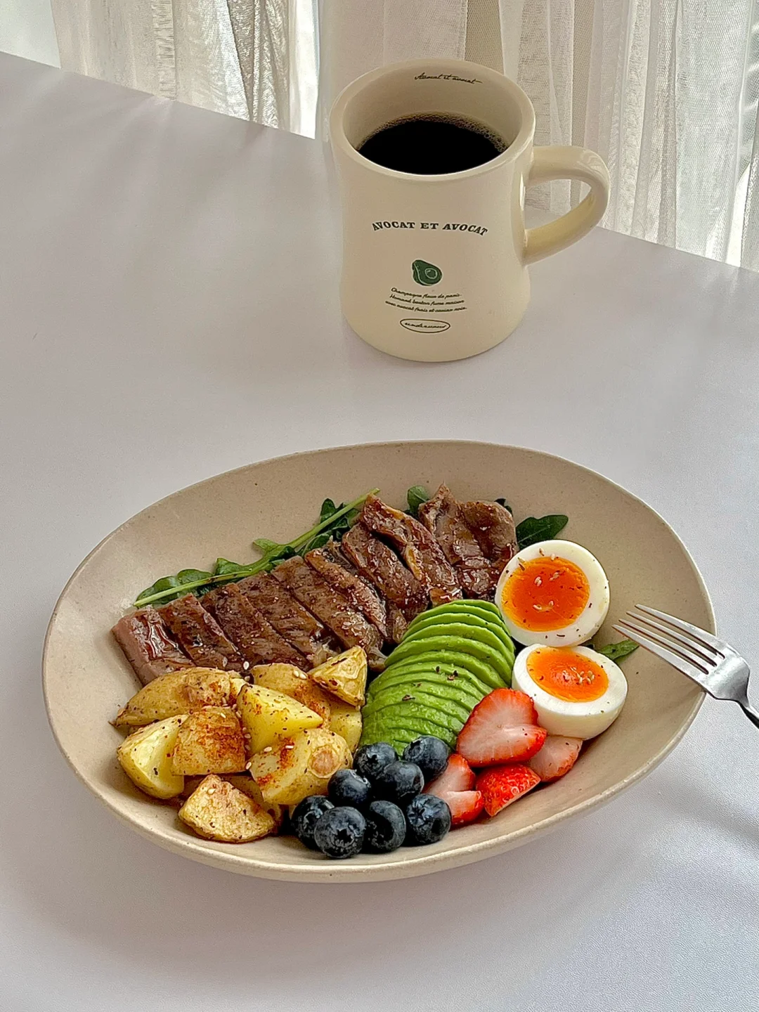 ☀️工作日早餐｜烤薯角｜煎牛排｜牛油果早餐盘