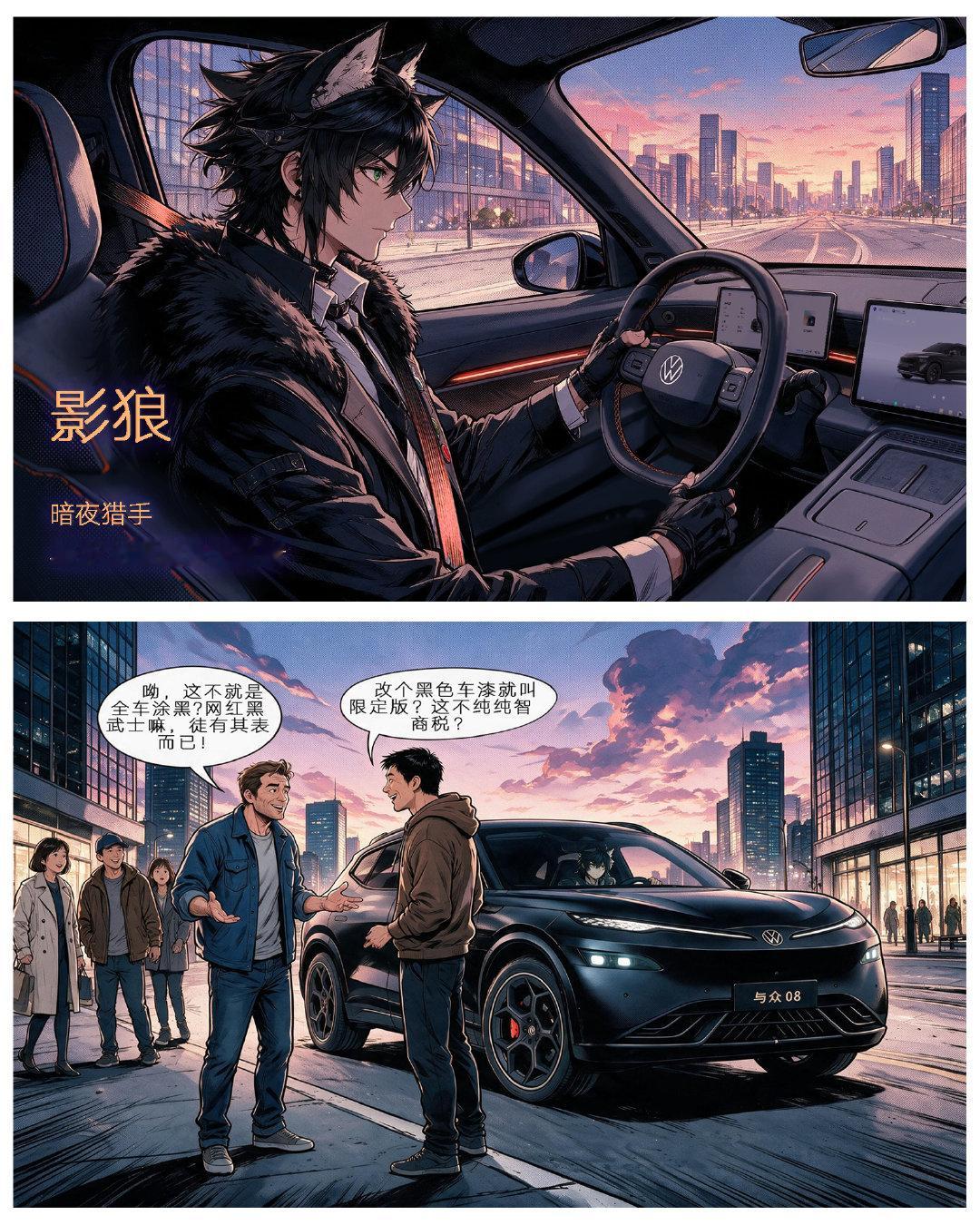 猎影版＝简单涂黑？看完这篇漫画打破刻板印象！
暗夜猎手“影狼”上线，为你解锁与众08猎影版。
专属外观套件、赛道级底盘配置、座舱豪华buff全部拉满！
颜值只是入场券，真正的底牌下集解锁，蹲住！

#与众08##大众安徽##大众智能纯电新势力##配置拉满价格夯爆# ​